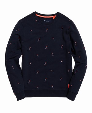 Superdry All Over Embroidered Crew Férfi Pulóver Sötétkék | NQYLF0492